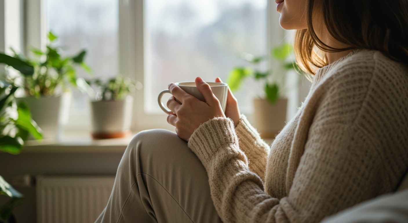 Frau sitzt entspannt am Fenster mit einer Tasse Tee