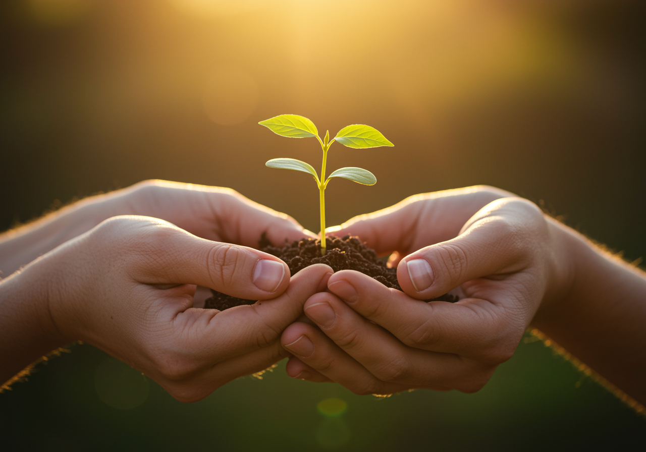 Zwei Hände halten gemeinsam ein kleines Pflänzchen im Sonnenlicht
