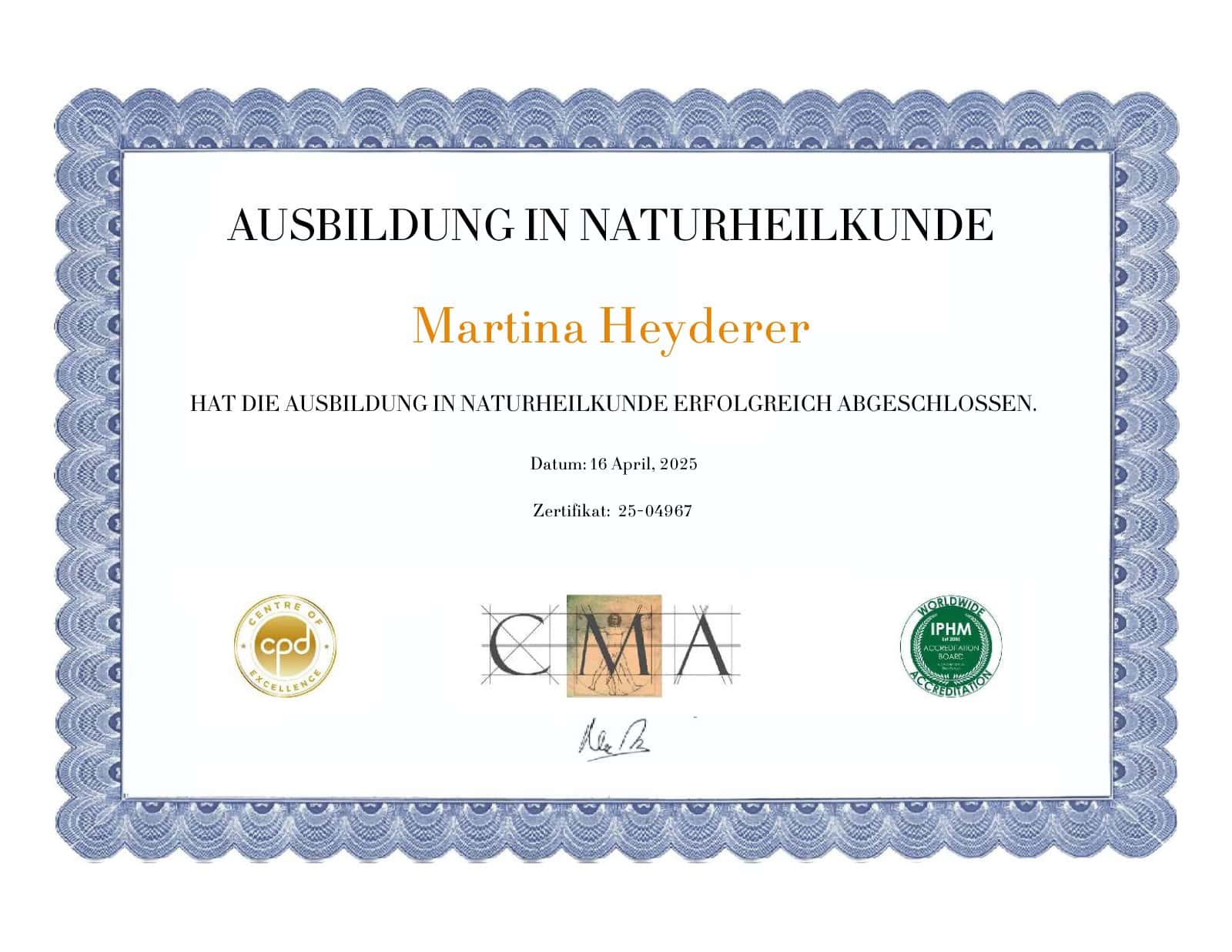 Zertifikat Naturheilkundepraktikerin Martina Heyderer